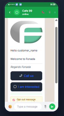 Figure 8 — End-user preview of a Marketing template with Voice Call + Quick Reply buttons and opt-out.
